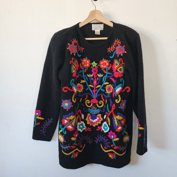 Casual Corner Sweaters - Vintage Casual Corner Lambswool Sweater Medium Embroidered Colorful Bright Art